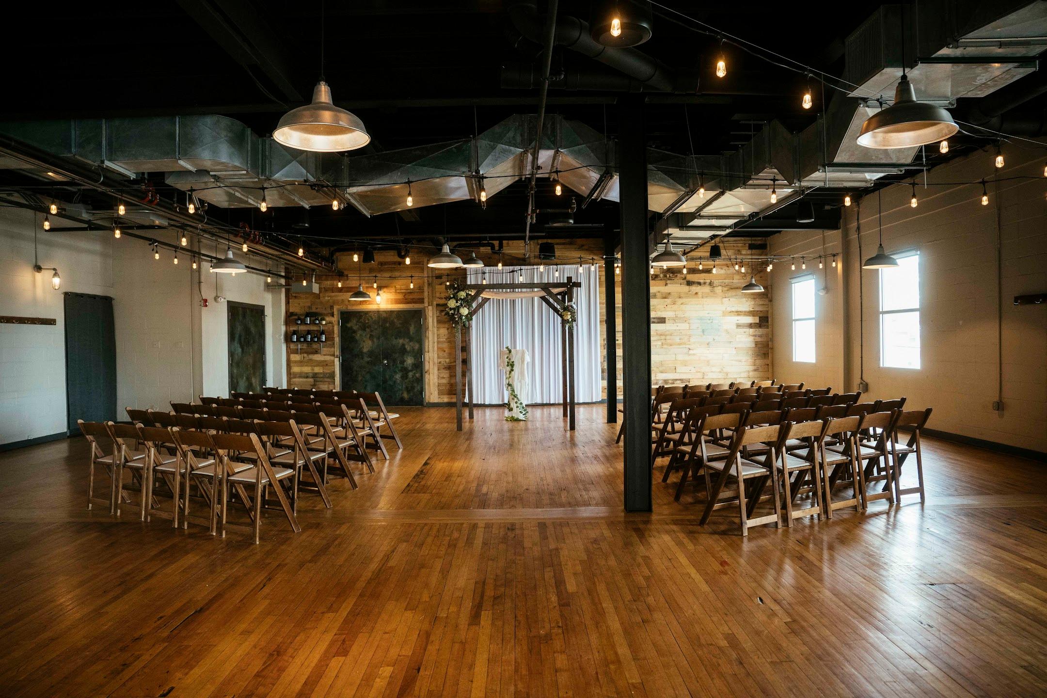 Long table wedding dining setup at Beach Haus Brewery